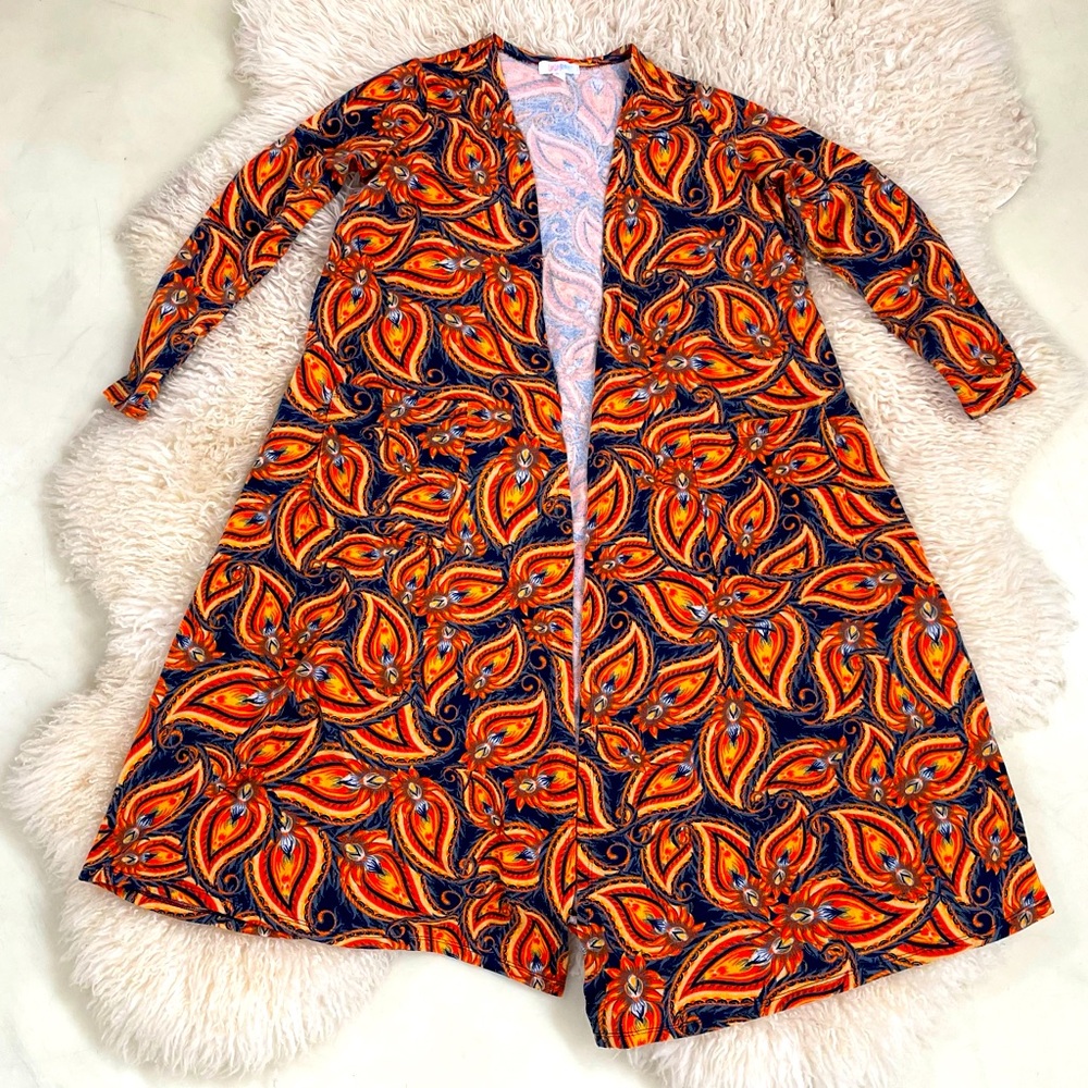 LuLuRoe Sarah Orange Navy Floral Geo open cardigan Duster sweater M